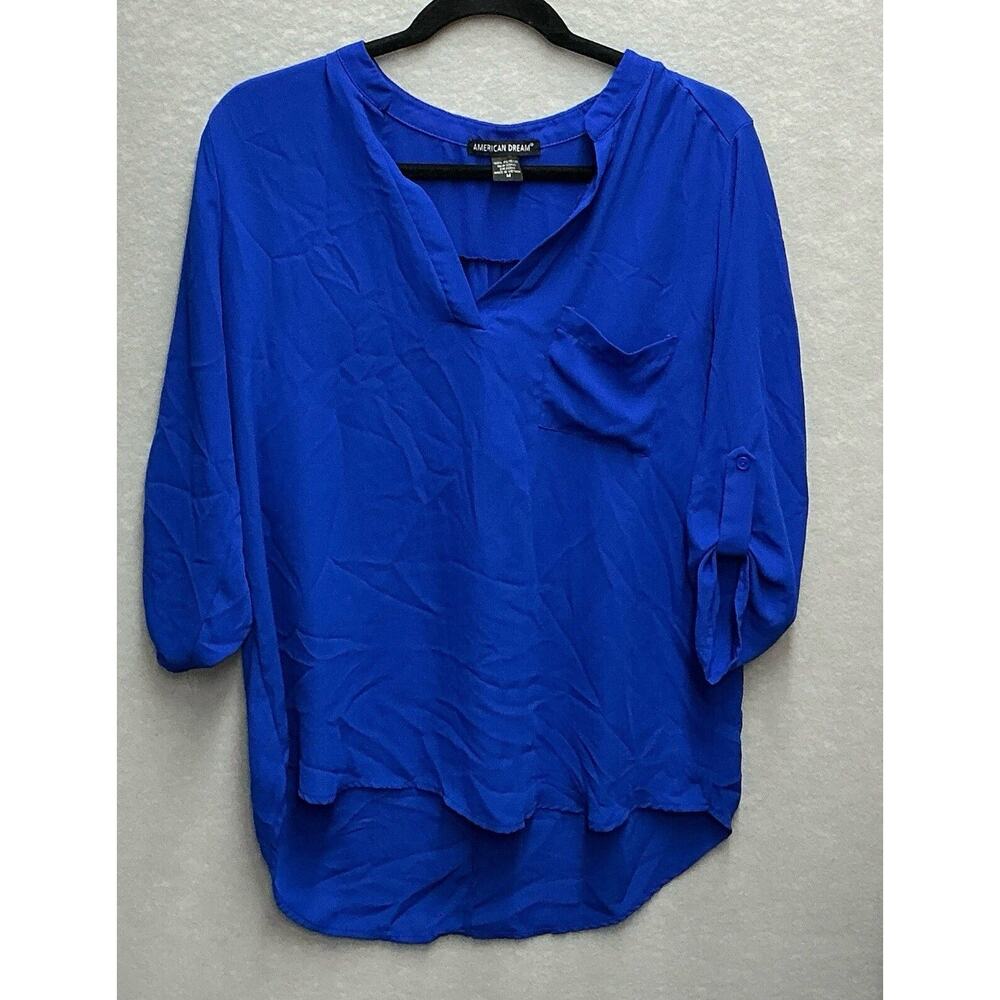 American Dream Woman’s Blue Pullover Blouse Size 1X V- Neck 3/4 Sleeves Pocket
